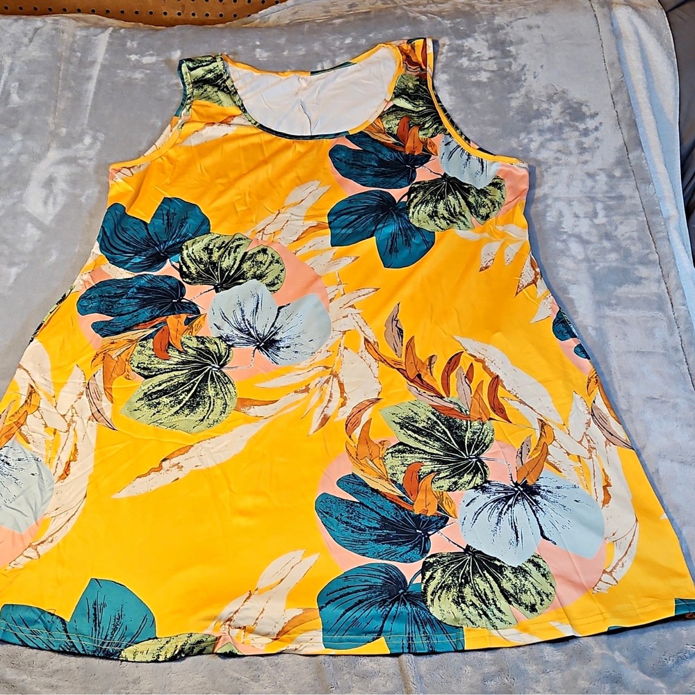 Yellow Multicolor Floral Sleeveless Round Neck Pullover Stretch Tank Top 5XL
